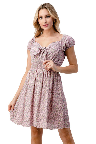 Tie Front Cap Sleeves Floral Mini Dress